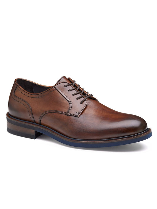 A J & M Collection Hartley Plain Toe in Brown Italian Calfskin men's derby shoe with blue soles, made in Italy.