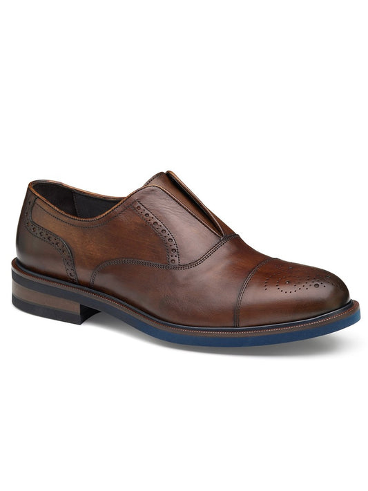 An Italian men's J & M Collection Hartley Laceless Cap Toe in Brown Italian Calfskin dress shoe, featuring a blue sole.