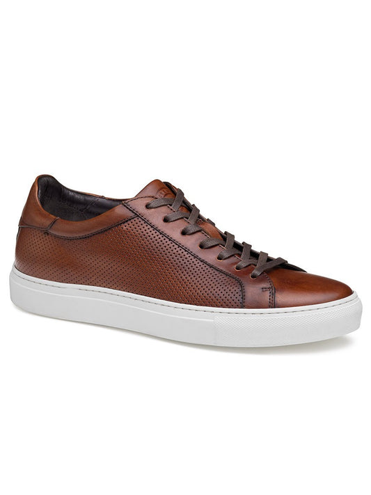 A men's J & M Collection Jake Perfed Lace-To-Toe in Brown Italian Calfskin sneaker from Italy with white soles.