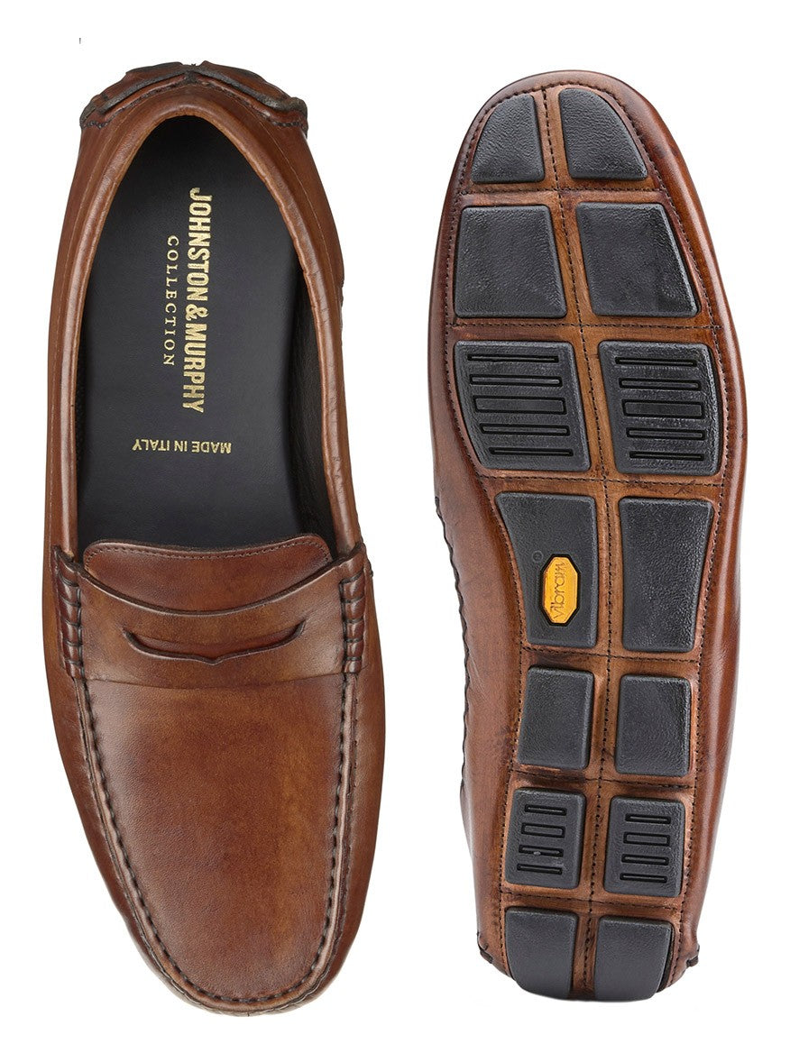 A pair of J & M Collection Dayton Penny in Brown Italian Calfskin loafers, displayed from a top and bottom view.