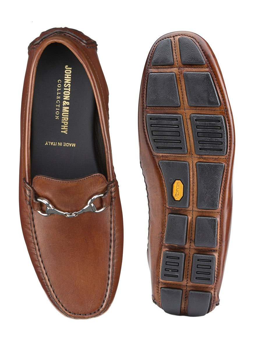 A pair of men's J & M Collection Dayton Bit in Brown Italian Calfskin loafers on a white background.
