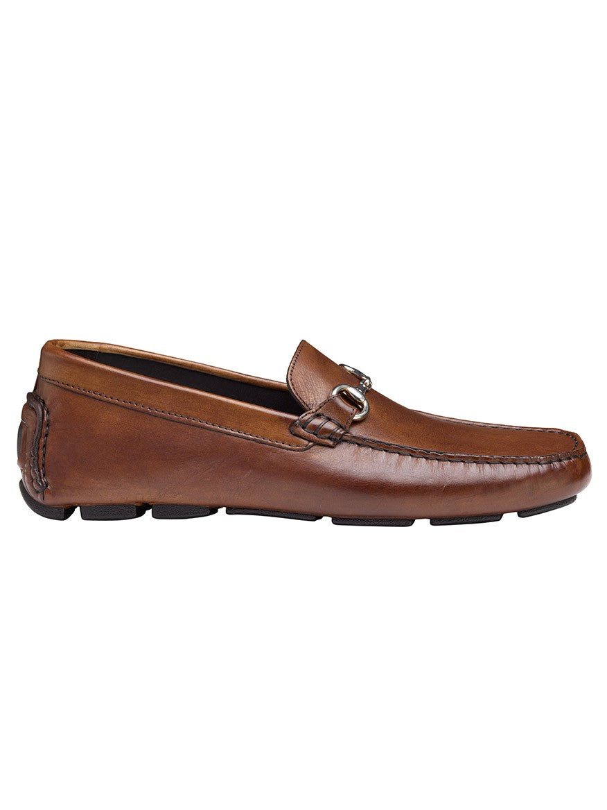 A men's J & M Collection Dayton Bit in Brown Italian Calfskin with a buckle on the side, crafted in Italy using Italian calfskin.
