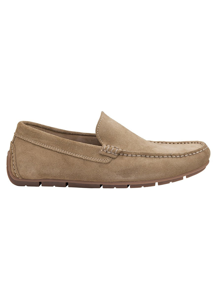Taupe English suede men's loafer with handsewn moccasin construction on a white background.