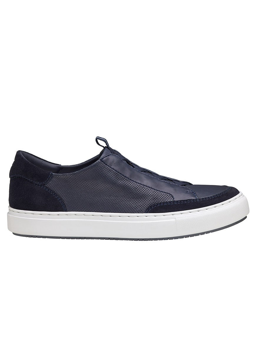 A J & M Collection Anson Stretch Lace-to-Toe Navy English Suede/Sheepskin sneaker with cushioning and white soles.