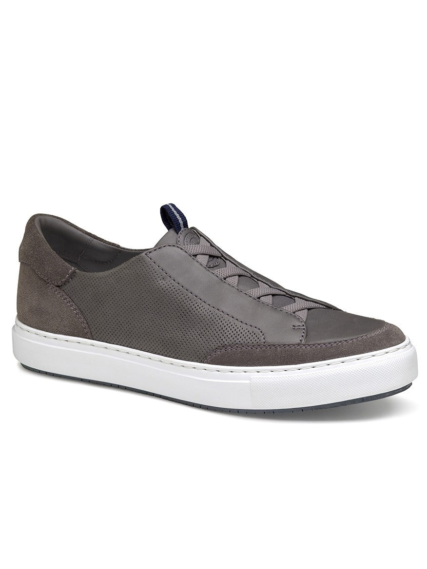 A men's retro-style J & M Collection Anson Stretch Lace-to-Toe Grey English Suede/Sheepskin sneaker, featuring a grey leather upper and white soles.