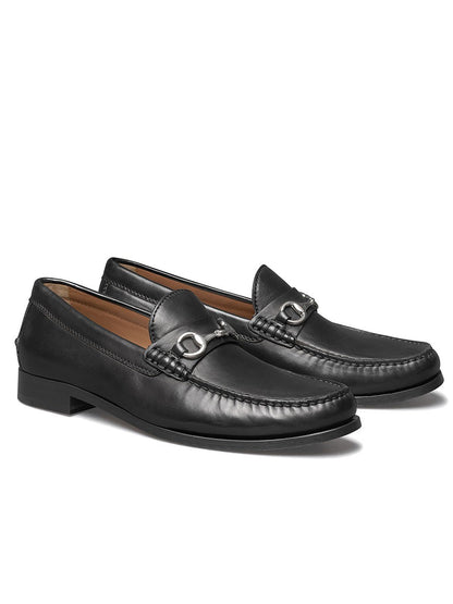Stylish J & M Collection Baldwin Bit in Black Sheepskin loafers with a metal buckle, crafted with sheepskin leather and featuring brushed-nickel bit hardware.