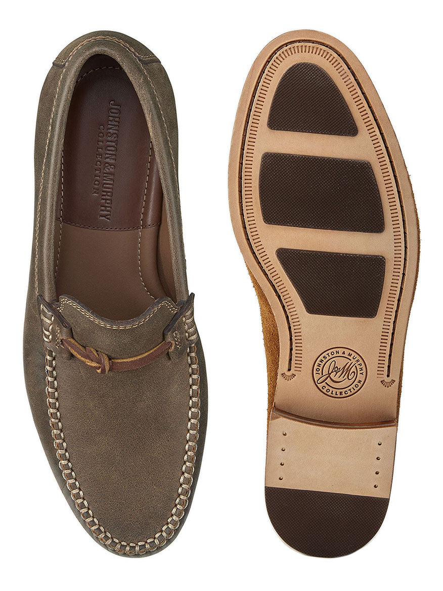 J & M Collection Baldwin Leather Bit men's loafer in Brown American Full Grain alongside its sole displaying the brand logo.