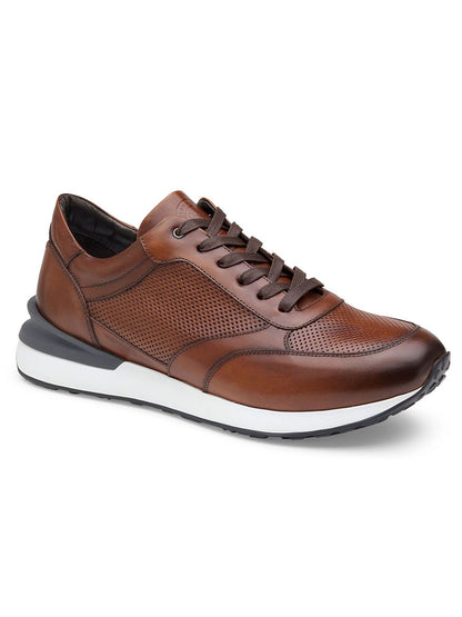 A comfortable men's J & M Collection Briggs Jogger in Brown Italian Calfskin sneaker with a white sole, crafted in Italy.