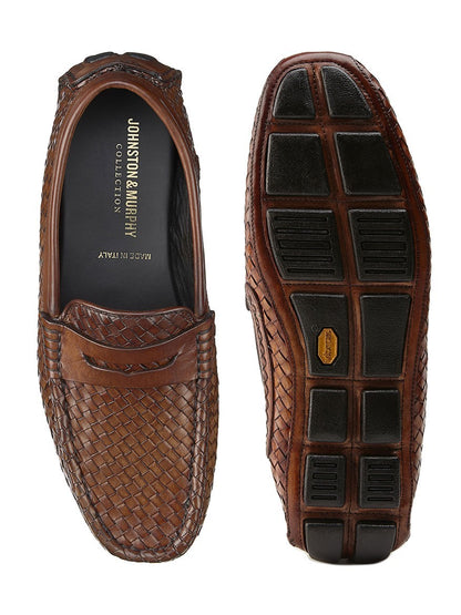 Top and bottom view of a J & M Collection Dayton Woven Penny in Brown Italian Calfskin men's leather loafer shoe featuring a Vibram rubber outsole.