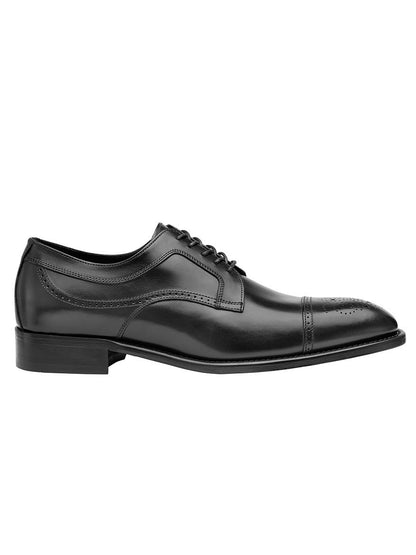 J & M Collection Ellsworth Cap Toe in Black Italian Calfskin with brogue detailing and a removable polyurethane footbed on a white background.