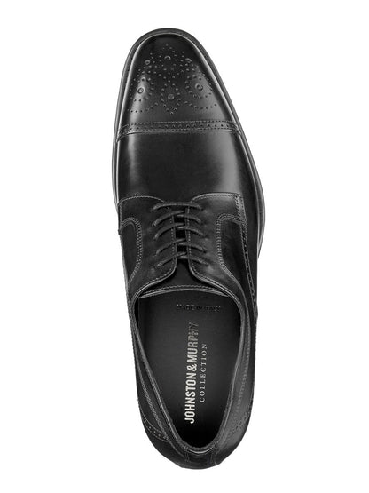 A single J & M Collection Ellsworth Cap Toe in Black Italian Calfskin dress shoe with laces viewed from above.
