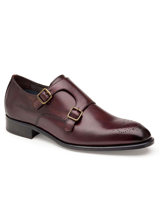 A men's J & M Collection Ellsworth Monk Strap in Bordeaux Italian Calfskin, hand-stained with two buckles.