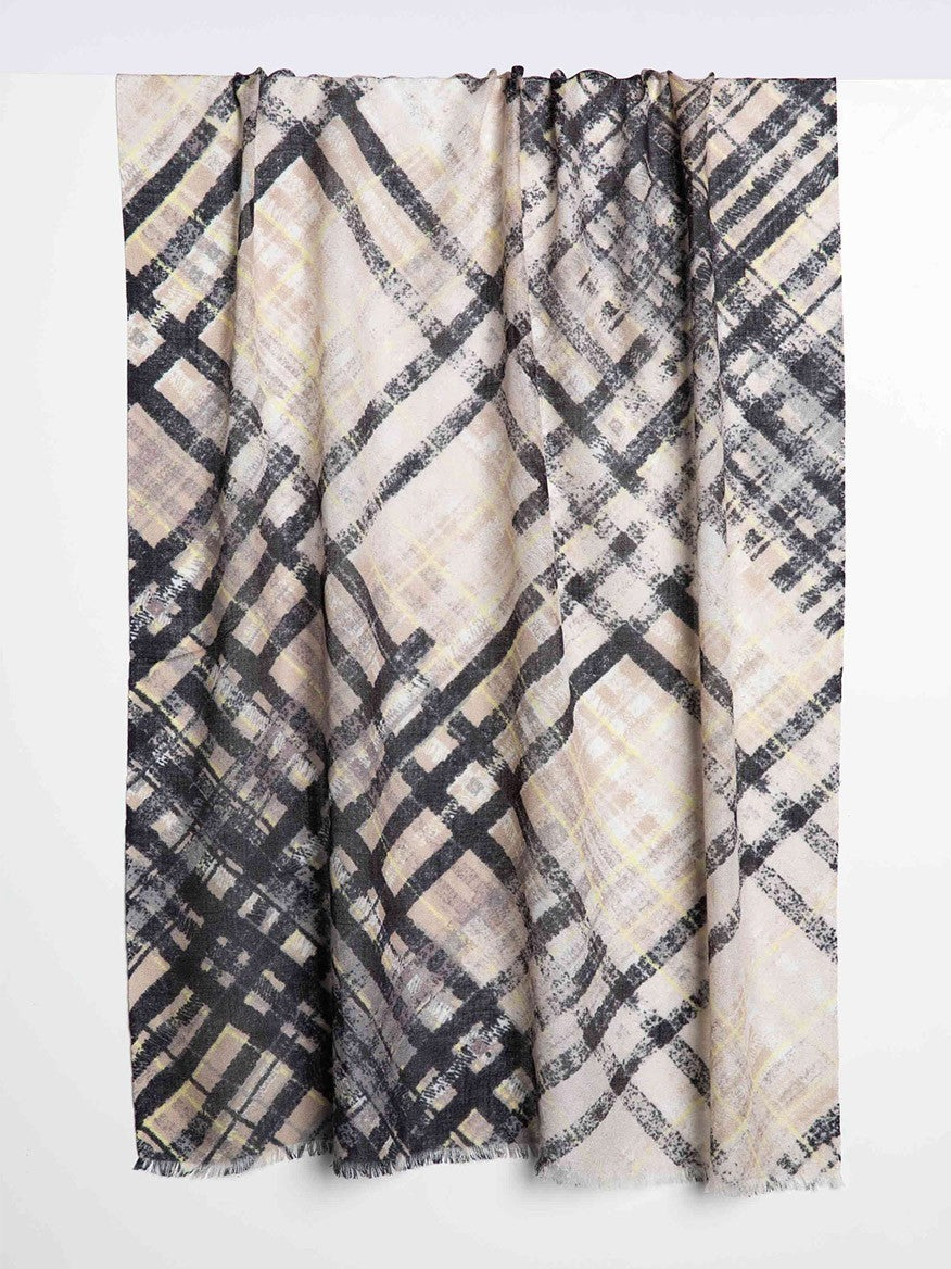 Kinross Plaid Print Scarf in Black Multi hanging in drapes.
