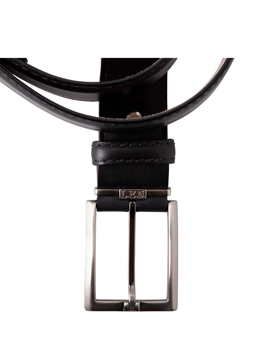 A close-up view of a LEN Belts Italian Marbled Calf Belt in Black with Tonal Stitch with a silver buckle on a white background.