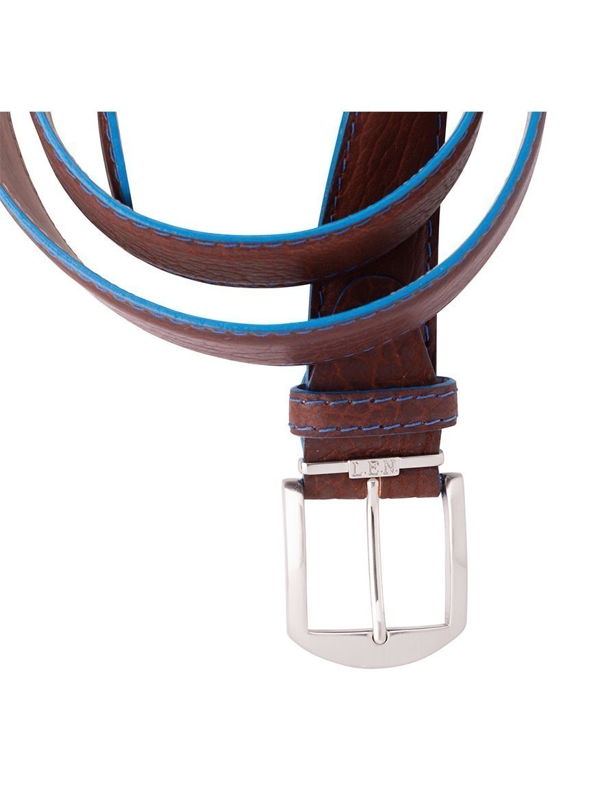 LEN Belts American Bison Belt in Cognac with Denim Edge & Stitching