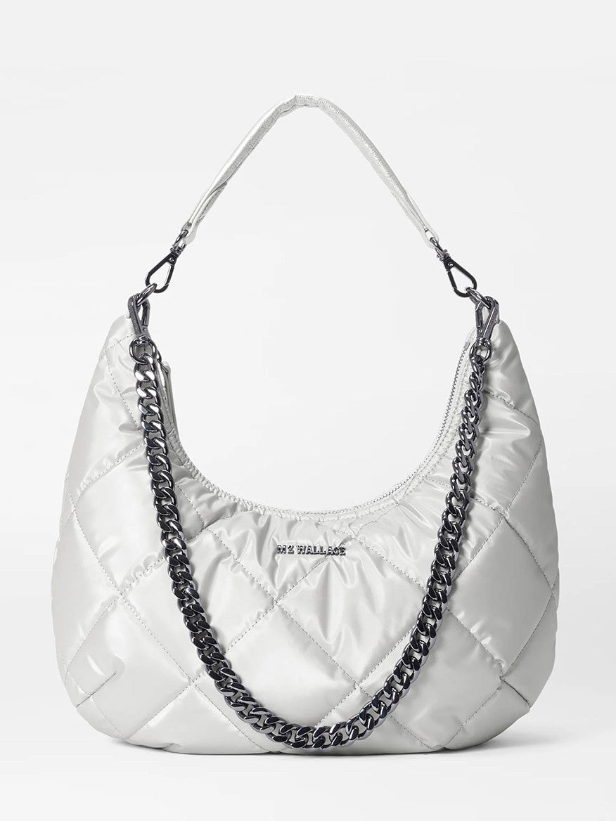 MZ Wallace Quilted Bowery Shoulder Bag in Oyster Metallic Bedford