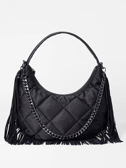MZ Wallace Quilted Bowery Shoulder Bag in Black Bedford with Fringe