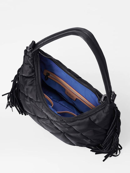 MZ Wallace Quilted Bowery Shoulder Bag in Black Bedford with Fringe