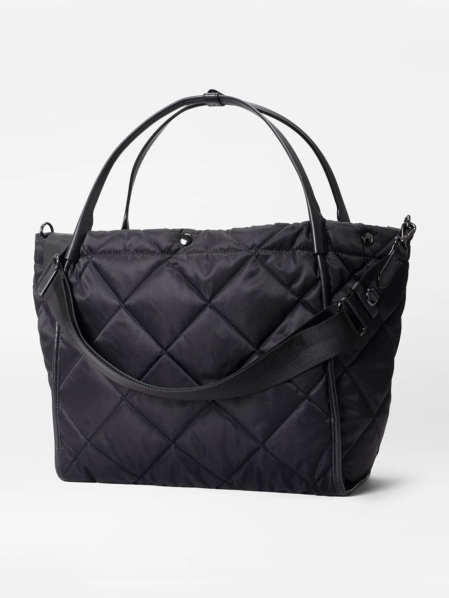 MZ Wallace Quilted Large Madison Shopper in Black Bedford with dual handles and a detachable shoulder strap.