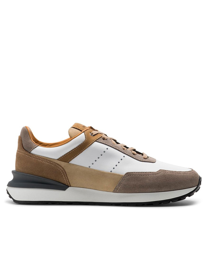 The Magnanni Bravo in White/Beige is an athletic sneaker featuring a brown, tan, and white suede and leather upper, a sporty sole, and lace-up design, displayed in side profile on a white background.