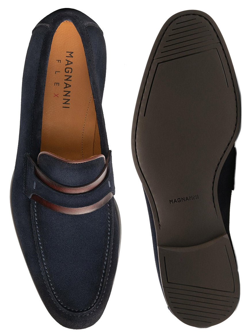 A pair of Magnanni Daniel in Navy Suede penny loafers.