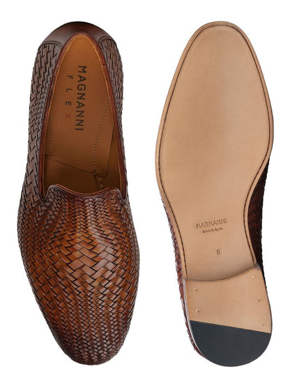 A pair of hand-woven brown loafers from Magnanni's Herrera in Cuero Collection.