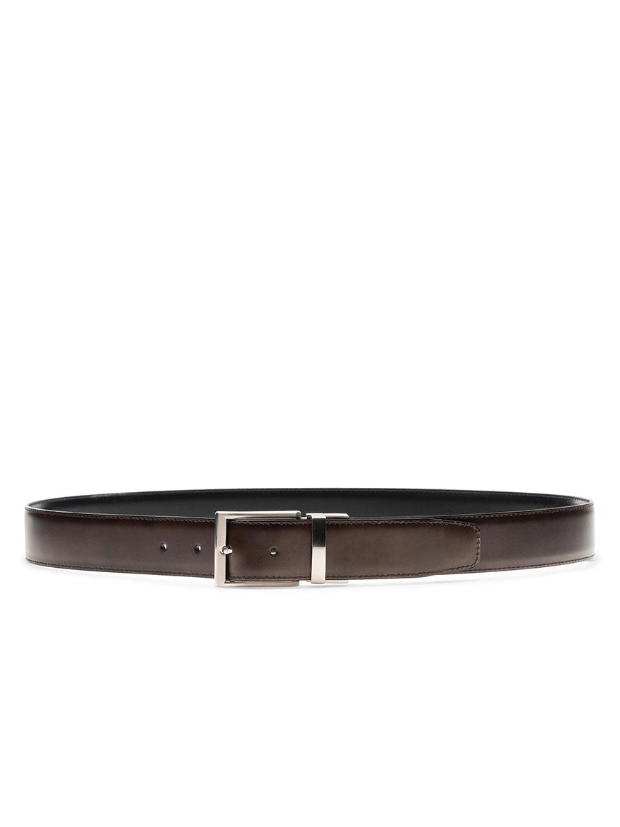 A Magnanni Lados Belt in Black/Brown Reversible on a white background, made of calfskin leather.