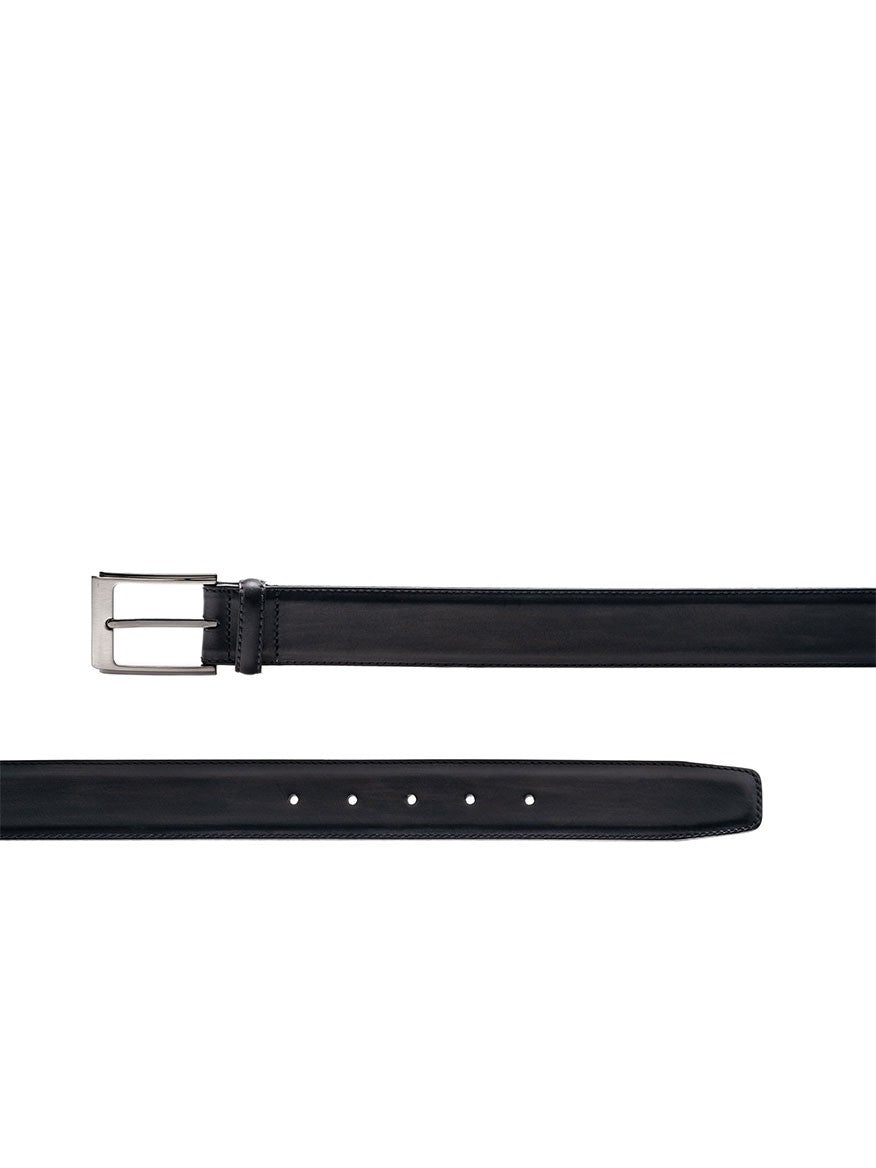 Grey calfskin leather belt with a polished nickel buckle, displayed horizontally on a white background, showing buckle detail and hole punches.