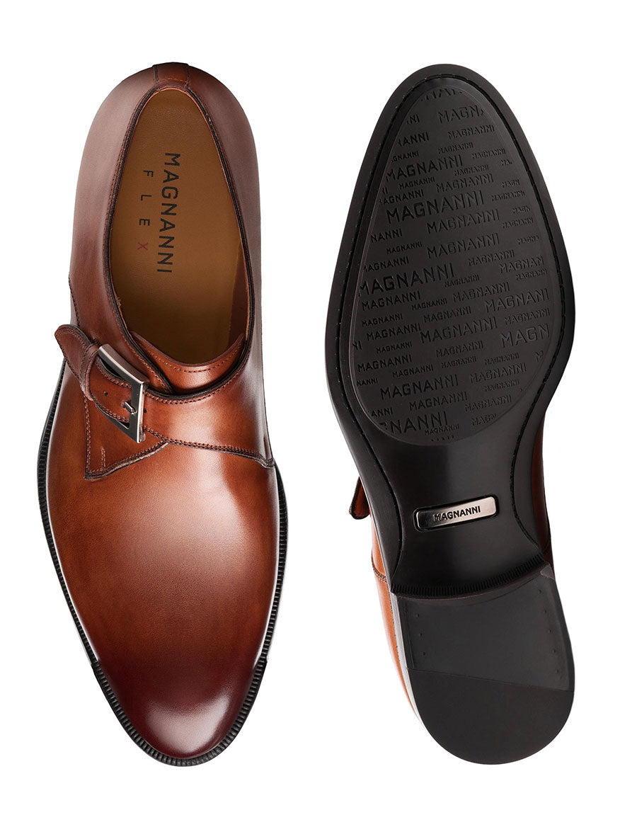 A pair of Magnanni Wooten shoes in Cognac with a single monk strap.