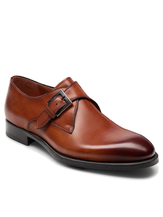 A men's Magnanni Wooten in Cognac leather monk shoe with a single monk strap and buckle.