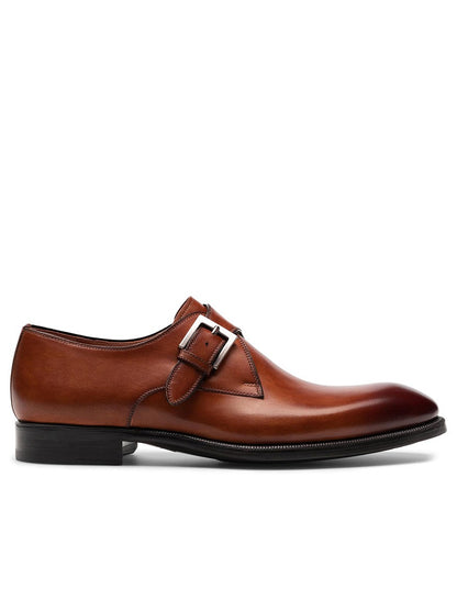 A men's Magnanni Wooten in Cognac leather monk shoe with Bologna construction that features a single monk strap and two buckles.