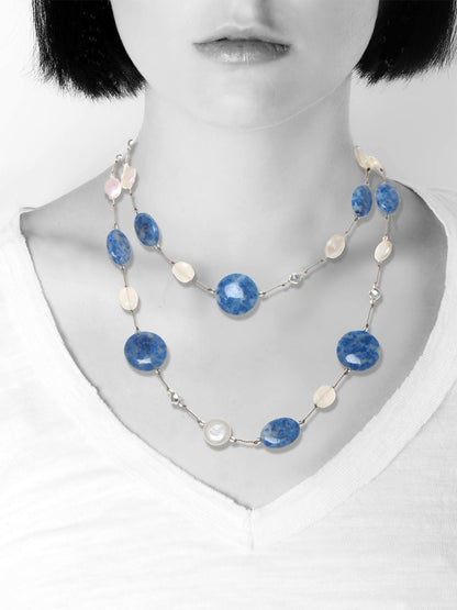 Margo Morrison Denim Lapis, Coated Moonstone, Pyrite & Coin Pearl Necklace