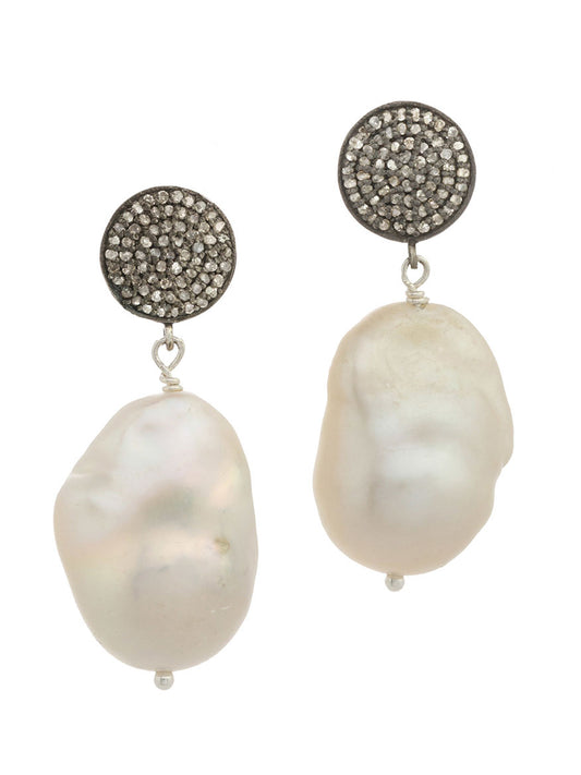 Margo Morrison White Baroque Pearl Earrings with Pave Diamonds