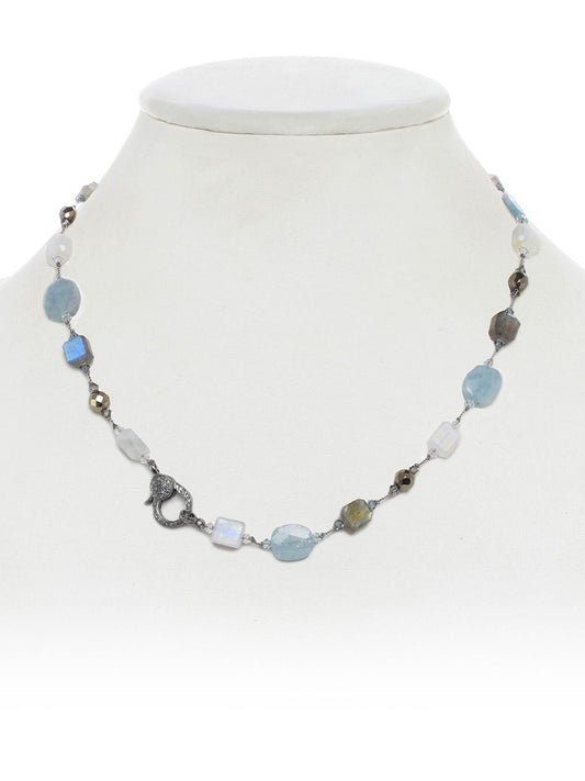 Margo Morrison Aquamarine, Labradorite, Moonstone, and Pyrite Necklace with Diamond Clasp