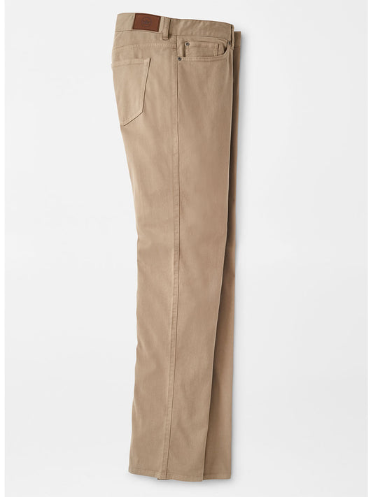 A pair of Peter Millar Ultimate Sateen Five-Pocket Pants in Grain on a white background.
