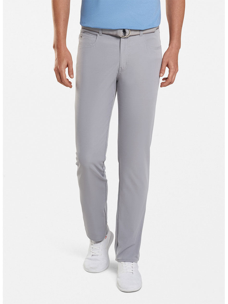 The Peter Millar Performance Five-Pocket Pant in Gale Grey with technical features.