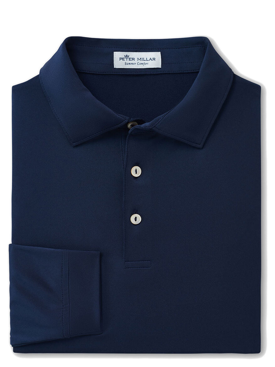 The Peter Millar Solid Stretch Jersey Long Sleeve Polo in Navy