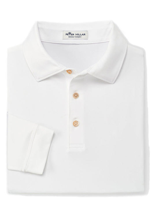 The Peter Millar Solid Long-Sleeve Performance Jersey Polo in White, featuring moisture-wicking technology.