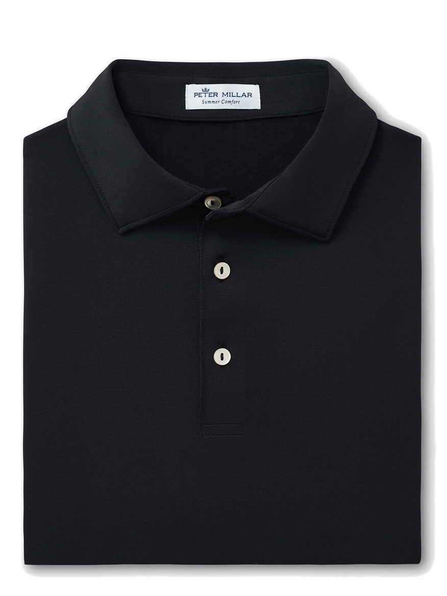 The Peter Millar Solid Performance Jersey Polo in Black is a stylish option, designed with moisture-wicking technology.