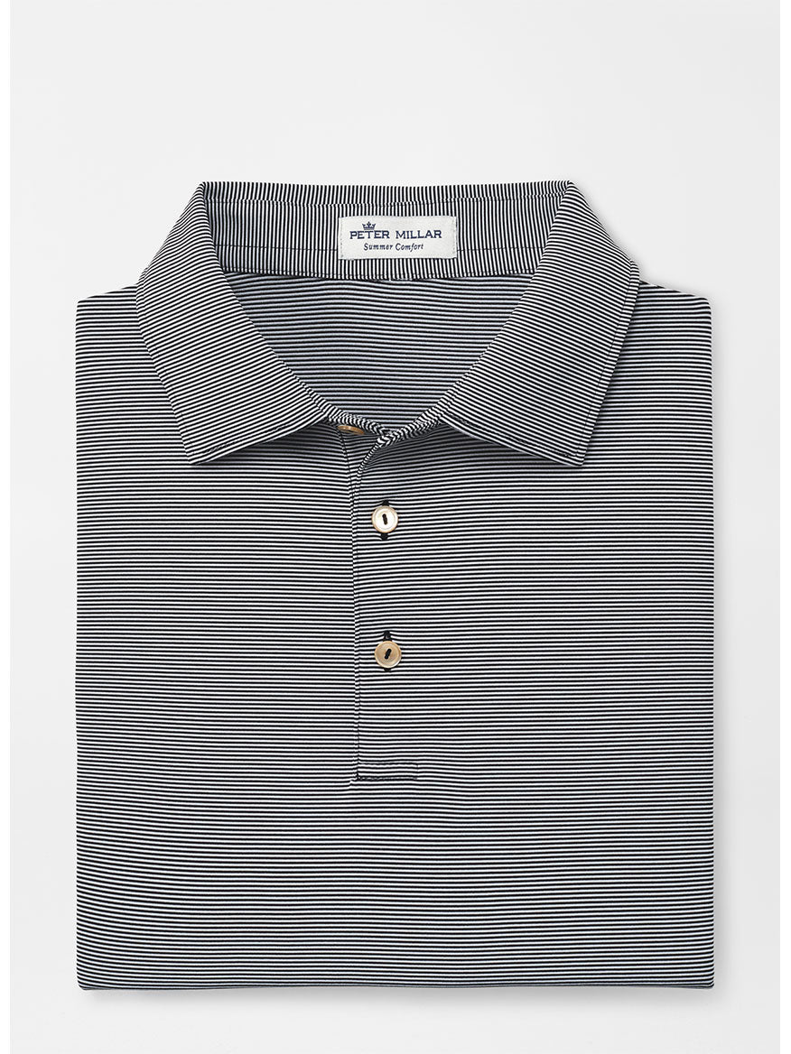 A folded Peter Millar Jubilee Stripe Performance Polo in black with a collar and three buttons, providing UPF 50+ protection, displayed against a white background.