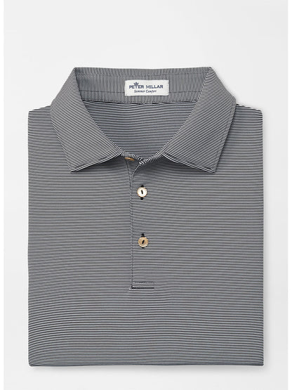 A folded Peter Millar Jubilee Stripe Performance Polo in black with a collar and three buttons, providing UPF 50+ protection, displayed against a white background.