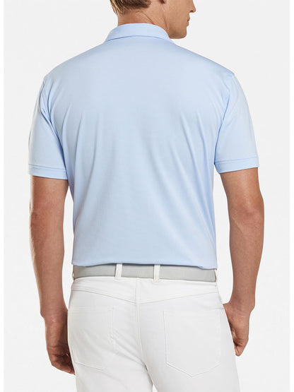 The back view of a man wearing a Peter Millar Jubilee Stripe Performance Polo in Cottage Blue.