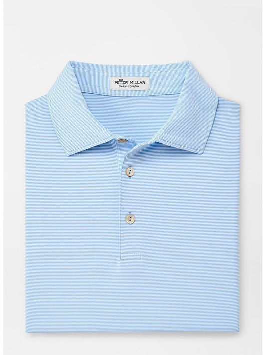 The Peter Millar Jubilee Stripe Performance Polo in Cottage Blue offers UPF 50+ sun protection and is made with lightweight fabric.