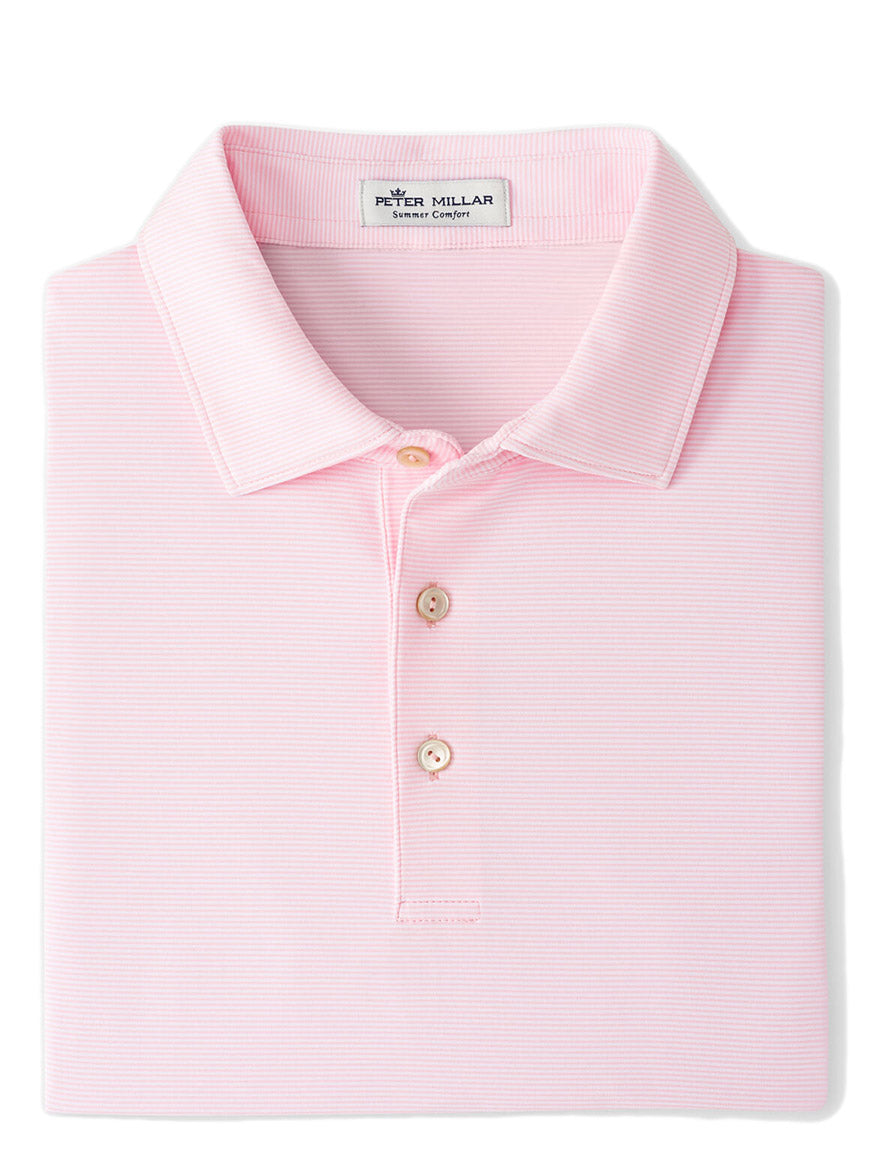 The Peter Millar Jubilee Stripe Performance Polo in Palmer Pink is a lightweight men's polo shirt.