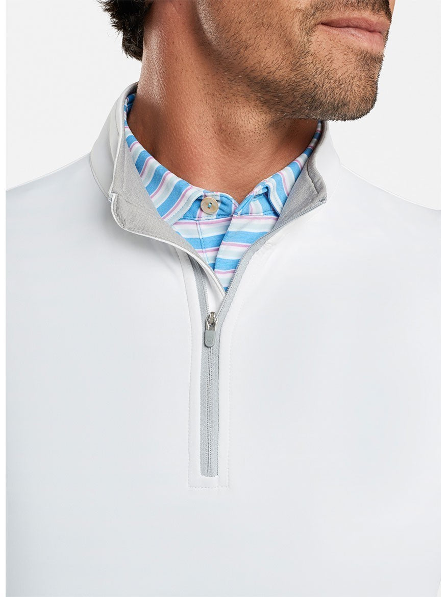 Peter Millar Perth Performance Quarter-Zip in White Shirt with a Blue and White Stripe.