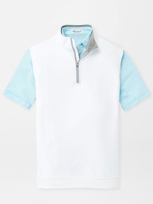 A Peter Millar Galway Performance Quarter-Zip Vest in White, a moisture-wicking white and blue polo shirt with a zip.