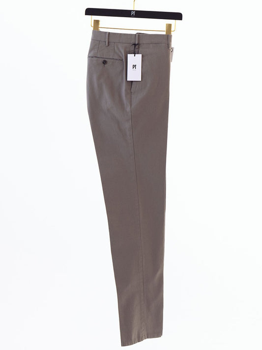 A pair of PT01 Dressy Stretch Canvas Trousers in Dark Grey, made from stretch cotton, hanging on a hanger.