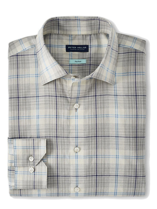 A comfortable men's Peter Millar Axe Winter Soft Twill Sport Shirt in British Grey made from cotton with a blue and white check pattern.