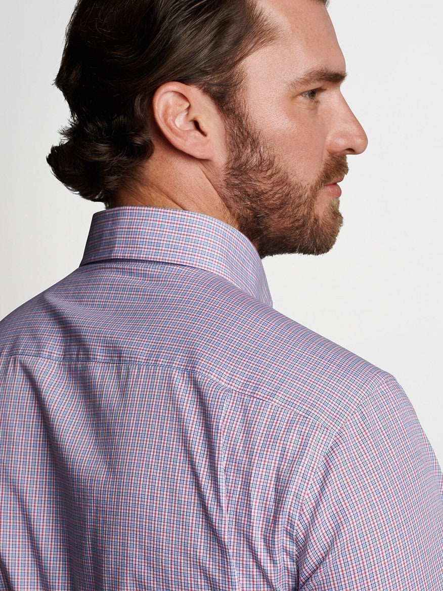 The back of a man wearing a Peter Millar Basie Sport Shirt in Rosewood.