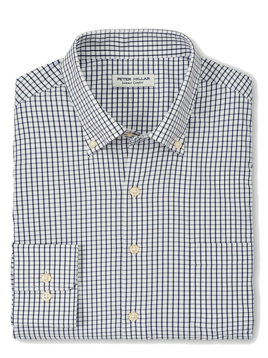 Revised Sentence: Folded navy and white checkered Peter Millar Hanford Performance Twill Sport Shirt.